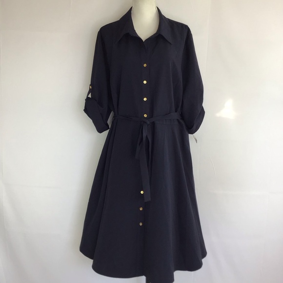 NWT- SHARAGANO (NY) WOMEN DEEP NAVY BLUE COLLARD BUTTON DOWN SHIRT DRESS SZ 24W - Picture 1 of 8